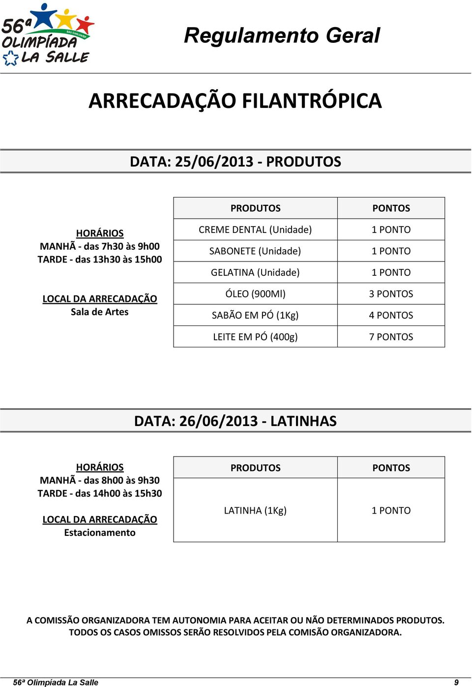 DATA: 26/06/2013 - LATINHAS HORÁRIOS MANHÃ - das 8h00 às 9h30 TARDE - das 14h00 às 15h30 LOCAL DA ARRECADAÇÃO Estacionamento PRODUTOS LATINHA (1Kg) PONTOS 1 PONTO A