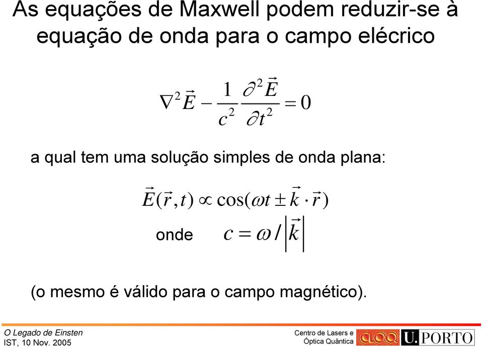 uma solução simples de onda plana: 0 r r r r E( rt, ) cos(