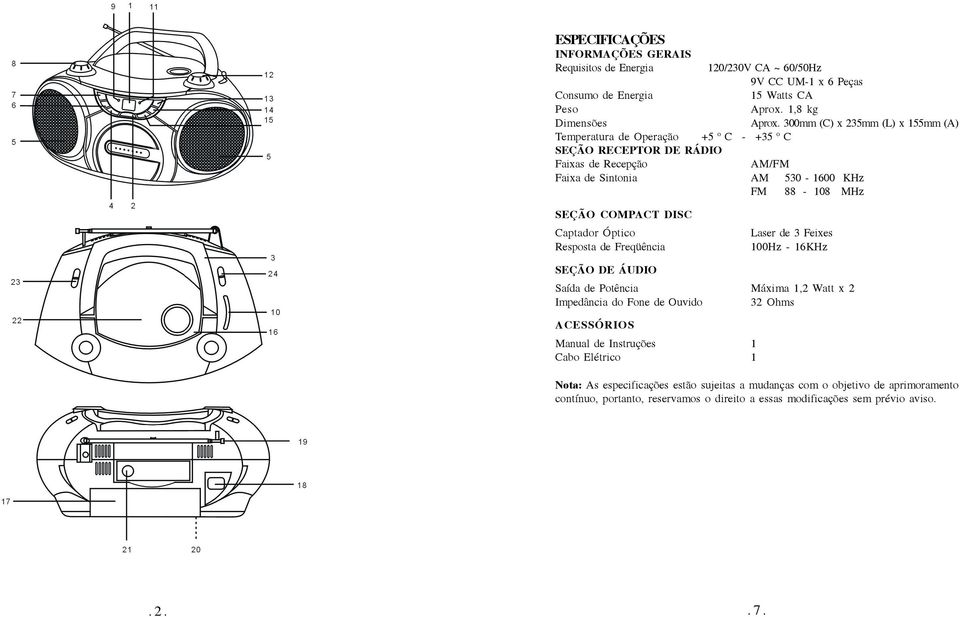 DISC Captador Óptico Resposta de Freqüência Laser de 3 Feixes 100Hz - 16KHz SEÇÃO DE ÁUDIO Saída de Potência Máxima 1,2 Watt x 2 Impedância do Fone de Ouvido 32 Ohms ACESSÓRIOS Manual