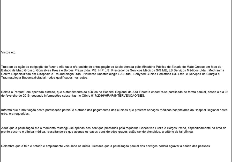 Borges Preza Ltda. ME, H.P.L.S. Prestador de Serviços Médicos S/S ME, LB Serviços Médicos Ltda., Medtrauma Centro Especializado em Ortopedia e Traumatologia Ltda., Noroeste Anestesiologia S/C Ltda.