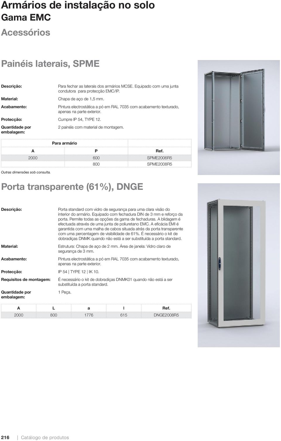 2 painéis com material de montagem. Para armário A P Ref. 2000 600 SPME2006R5 800 SPME2008R5 Porta transparente (61%), DNGE Acabamento: Protecção: IP 54 TYPE 12 IK 10.
