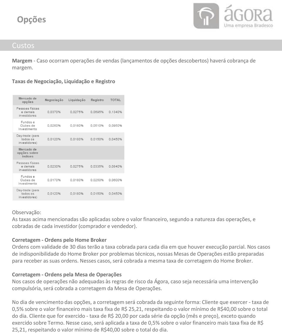 vendedor). Corretagem - Ordens pelo Home Broker Ordens com validade de 30 dias terão a taxa cobrada para cada dia em que houver execução parcial.