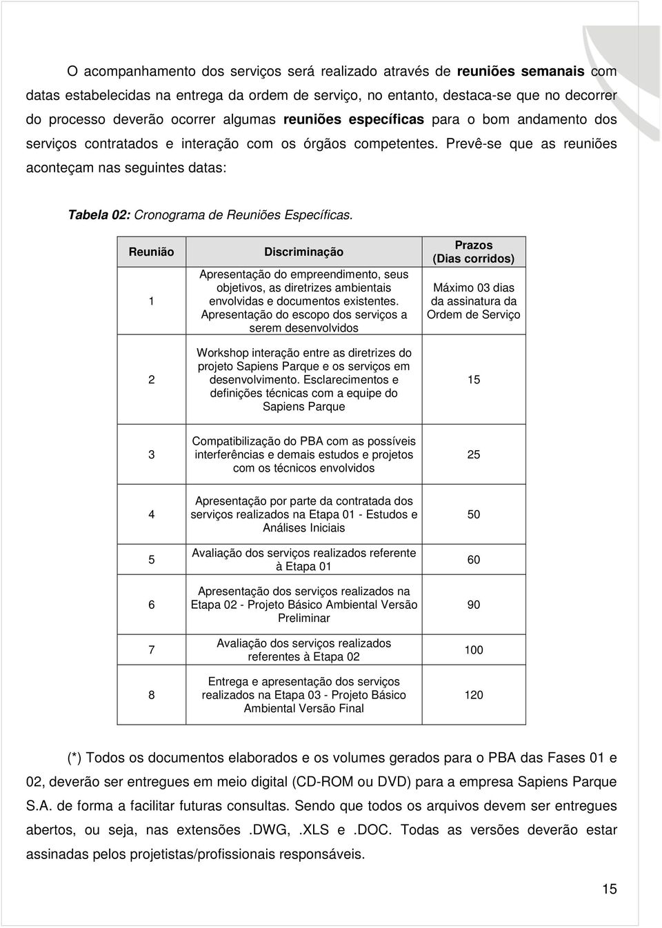 Prevê-se que as reuniões aconteçam nas seguintes datas: Tabela 02: Cronograma de Reuniões Específicas.