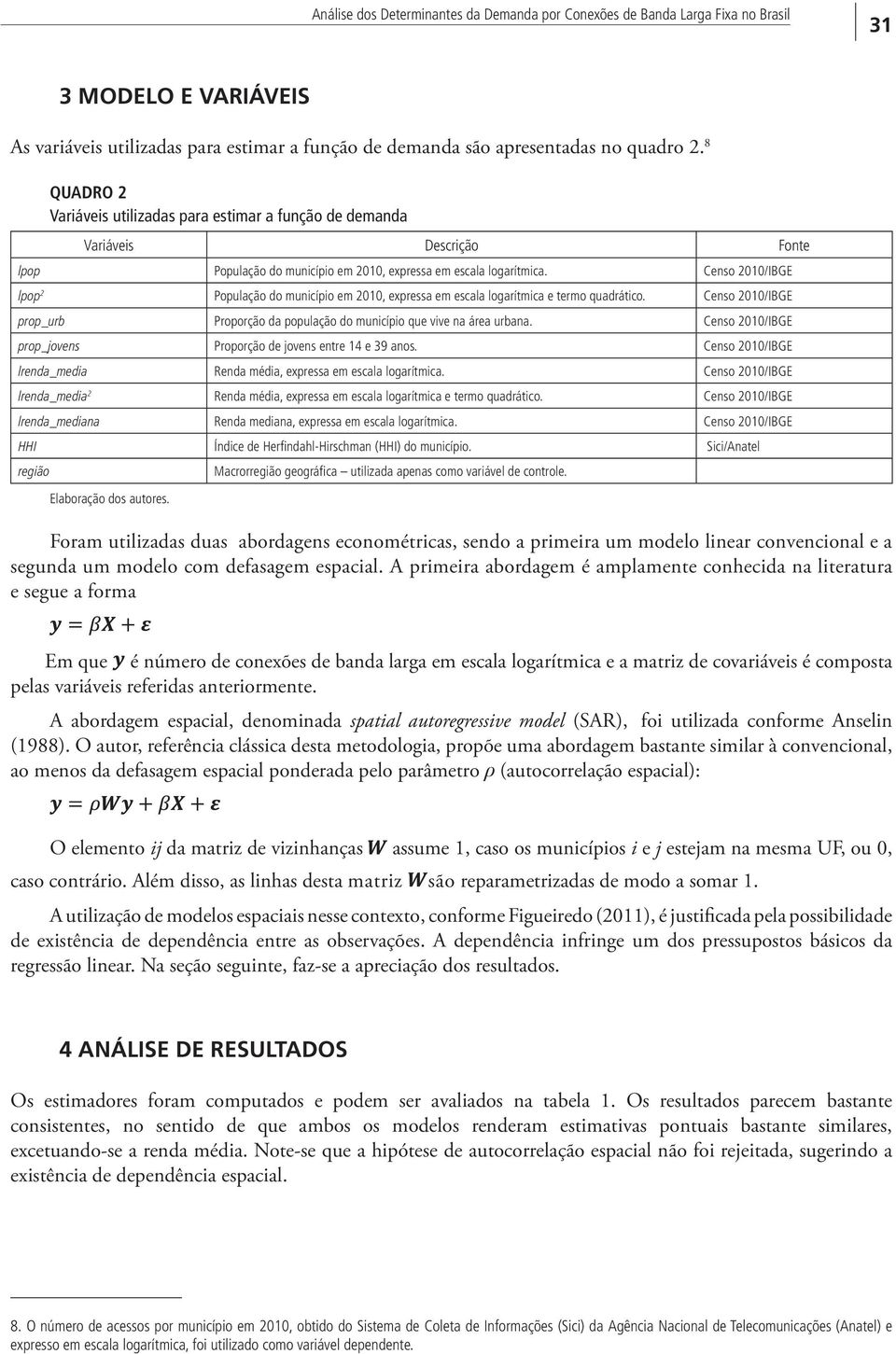 Censo 2010/IBGE lpop 2 População do município em 2010, expressa em escala logarítmica e termo quadrático. Censo 2010/IBGE prop_urb Proporção da população do município que vive na área urbana.