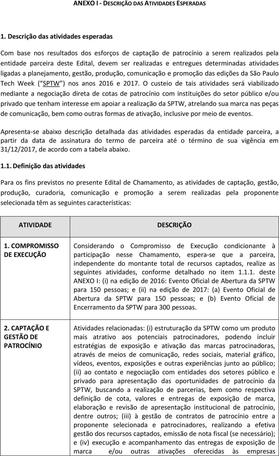 atividades ligadas a planejamento, gestão, produção, comunicação e promoção das edições da São Paulo Tech Week ( SPTW ) nos anos 2016 e 2017.