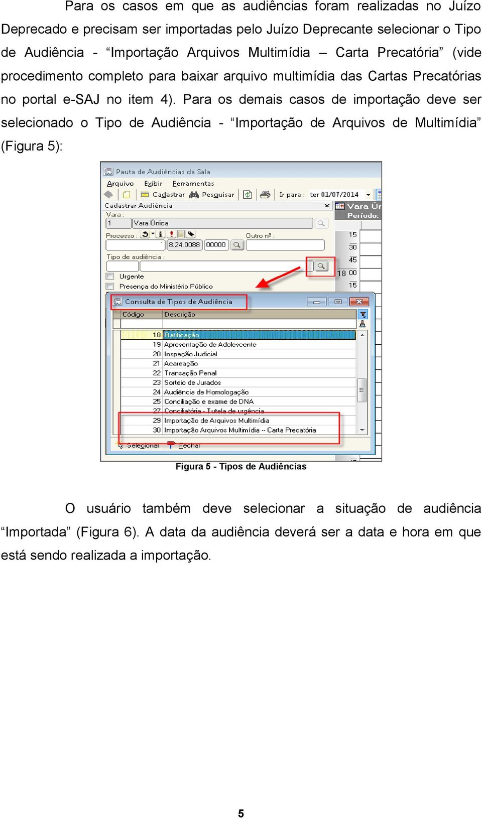 Para os demais casos de importação deve ser selecionado o Tipo de Audiência - Importação de Arquivos de Multimídia (Figura 5): Figura 5 - Tipos de Audiências