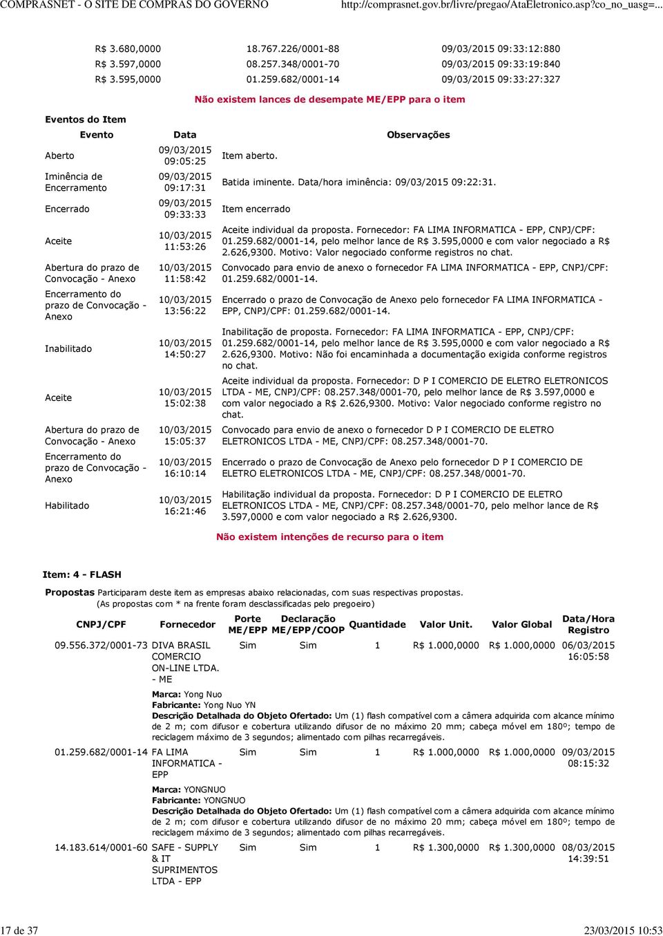 682/0001-14 09:33:27:327 Não existem lances de desempate ME/EPP para o item Evento Data Observações Abertura do prazo de Convocação - Anexo Encerramento do prazo de Convocação - Anexo Inabilitado