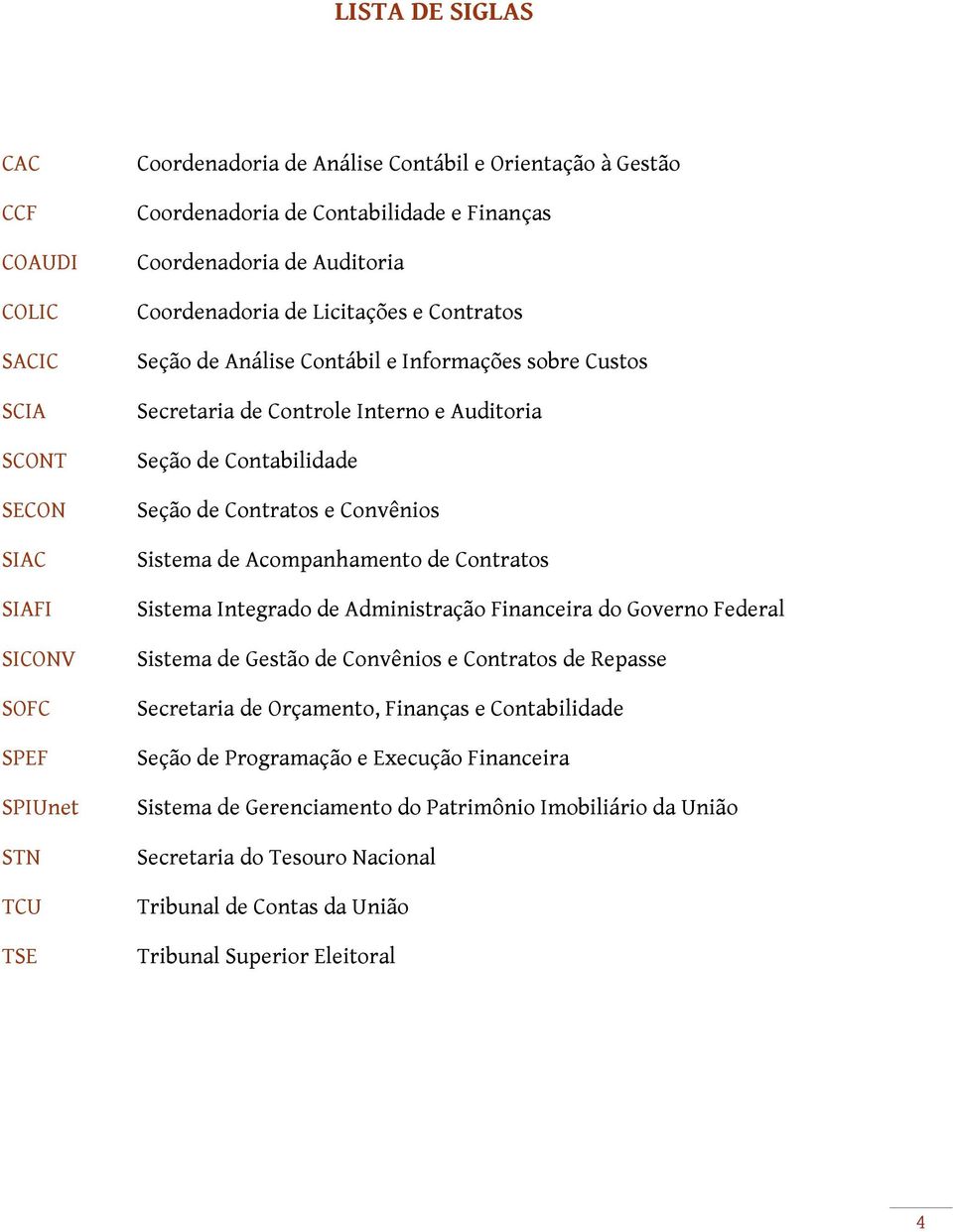 Seção de Contratos e Convênios Sistema de Acompanhamento de Contratos Sistema Integrado de Administração Financeira do Governo Federal Sistema de Gestão de Convênios e Contratos de Repasse Secretaria