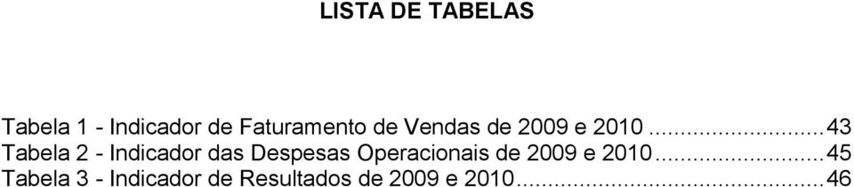 .. 43 Tabela 2 - Indicador das Despesas