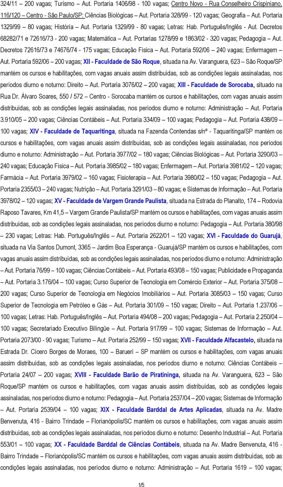 Portarias 1278/99 e 1863/02-320 vagas; Pedagogia Aut. Decretos 72616/73 e 74676/74-175 vagas; Educação Física Aut. Portaria 592/06 240 vagas; Enfermagem Aut.