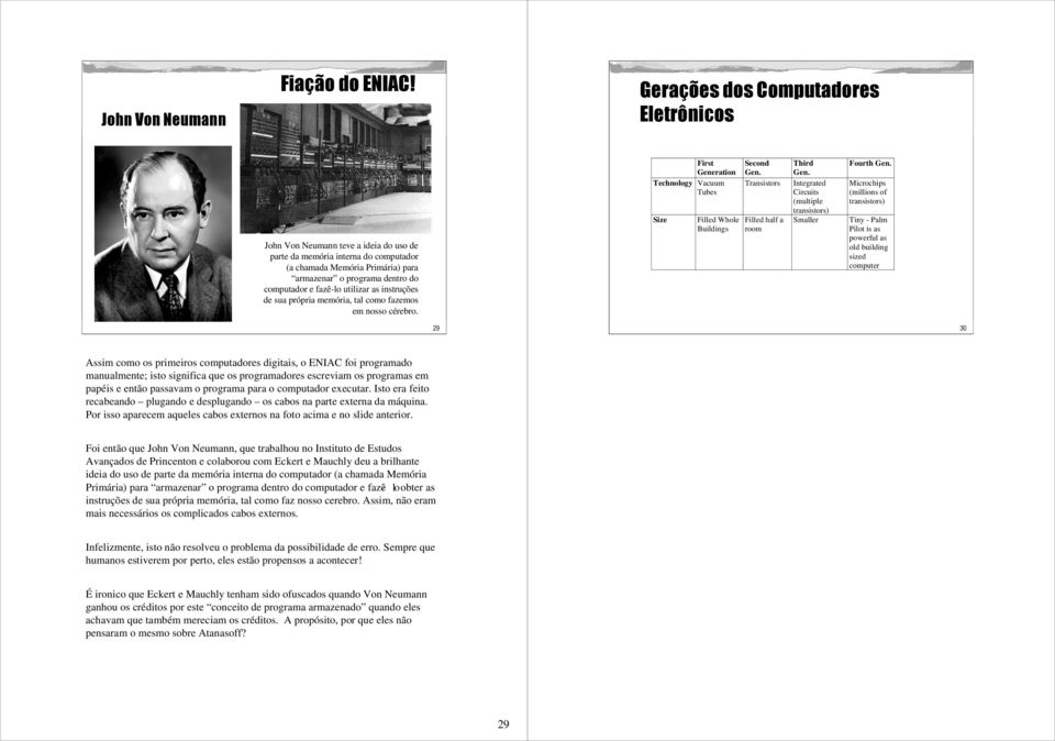 fazê-lo utilizar as instruções de sua própria memória, tal como fazemos em nosso cérebro. First Generation Technology Vacuum Tubes Size Filled Whole Buildings Second Gen.