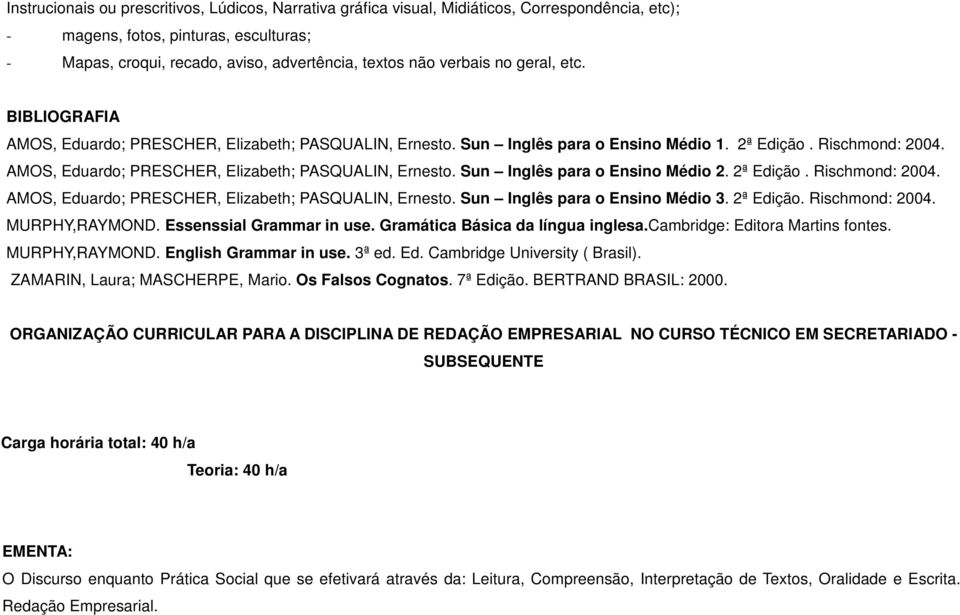 AMOS, Eduardo; PRESCHER, Elizabeth; PASQUALIN, Ernesto. Sun Inglês para o Ensino Médio 2. 2ª Edição. Rischmond: 2004. AMOS, Eduardo; PRESCHER, Elizabeth; PASQUALIN, Ernesto.