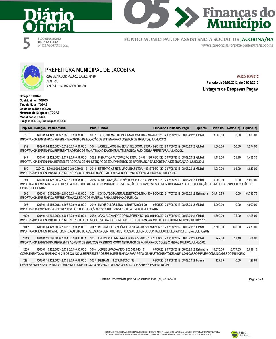 4 02/01/2012 07/08/2012 08/08/2012 Global 3.000,00 IMPORTANCIA EMPENHADA REFERENTE AO PGTO DE LOCAÇÃO DE SISTEMA PARA O SETOR DE TRIBUTOS, JULHO/2012 232 020201 04.122.0003.2.032 3.3.9.0.39.