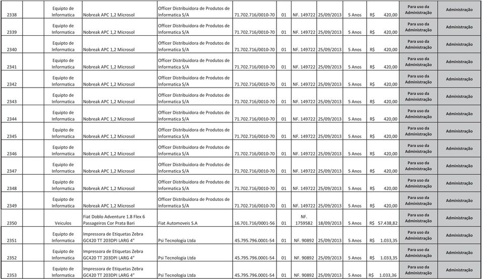 702.716/0010-70 01 NF. 149722 25/09/2013 5 Anos R$ 420,00 2345 S/A 71.702.716/0010-70 01 NF. 149722 25/09/2013 5 Anos R$ 420,00 2346 S/A 71.702.716/0010-70 01 NF. 149722 25/09/2013 5 Anos R$ 420,00 2347 S/A 71.