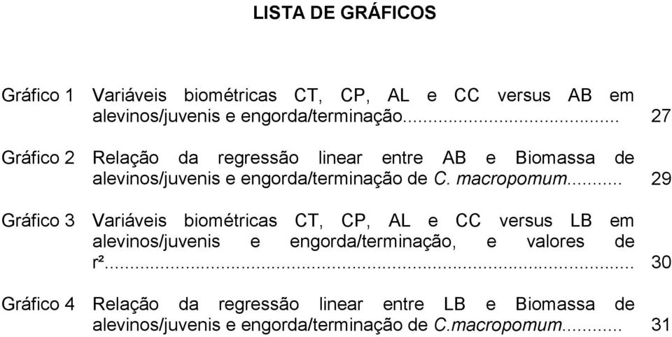 .. 29 Gráfico 3 Variáveis biométricas CT, CP, AL e CC versus LB em alevinos/juvenis e engorda/terminação, e valores de r².