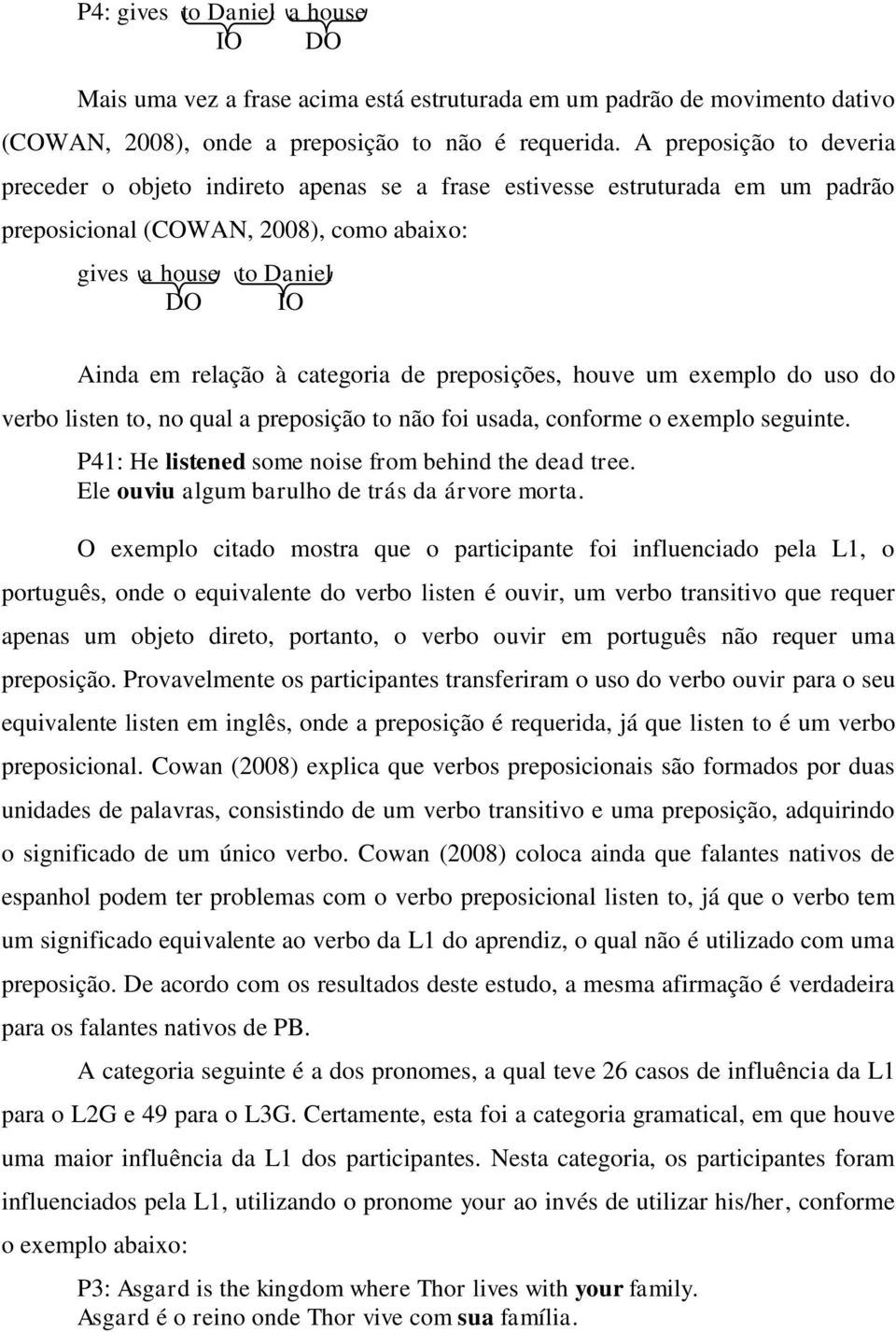 categoria de preposições, houve um exemplo do uso do verbo listen to, no qual a preposição to não foi usada, conforme o exemplo seguinte. P41: He listened some noise from behind the dead tree.