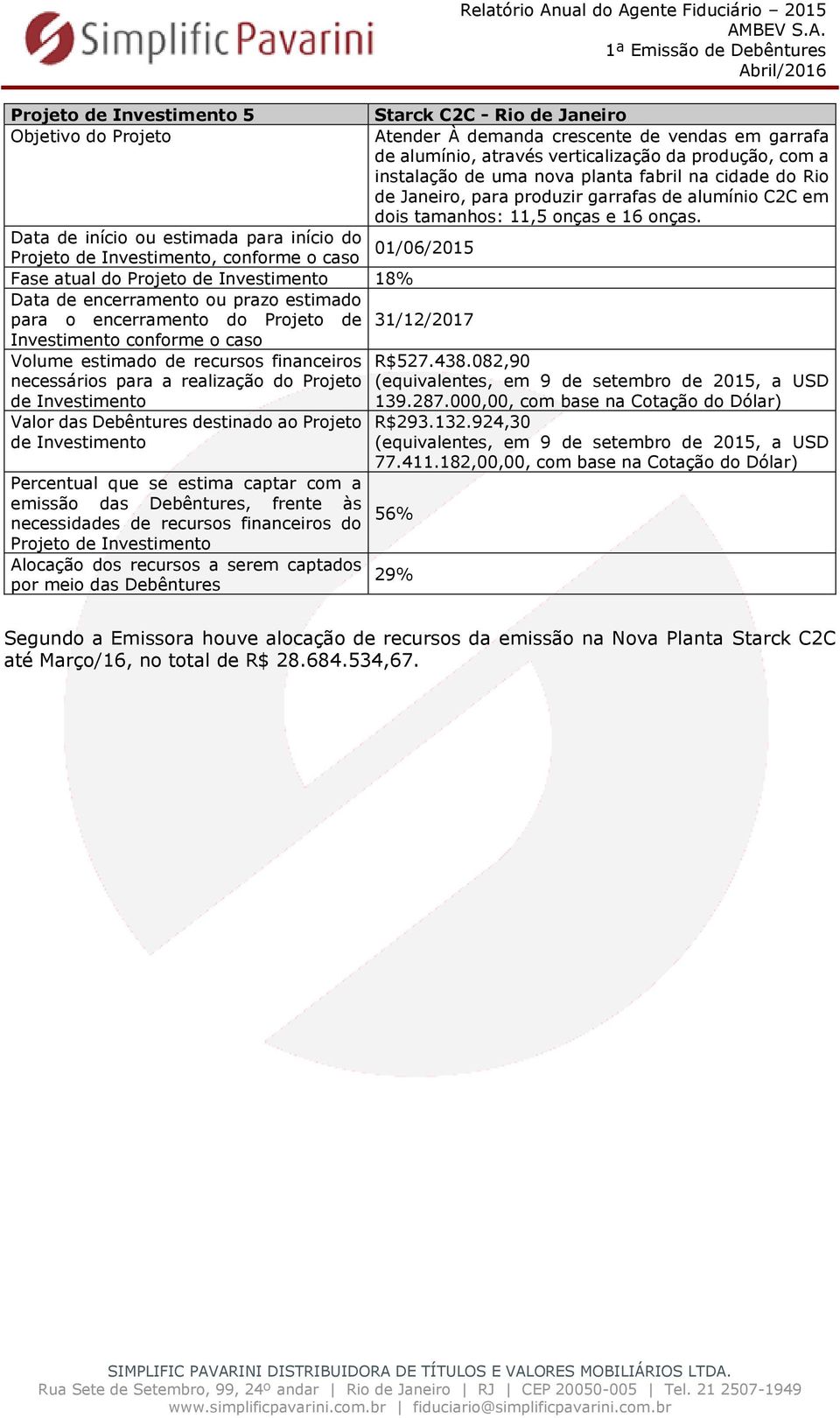 Investimento Valor das Debêntures destinado ao Projeto de Investimento Percentual que se estima captar com a emissão das Debêntures, frente às necessidades de recursos financeiros do Projeto de