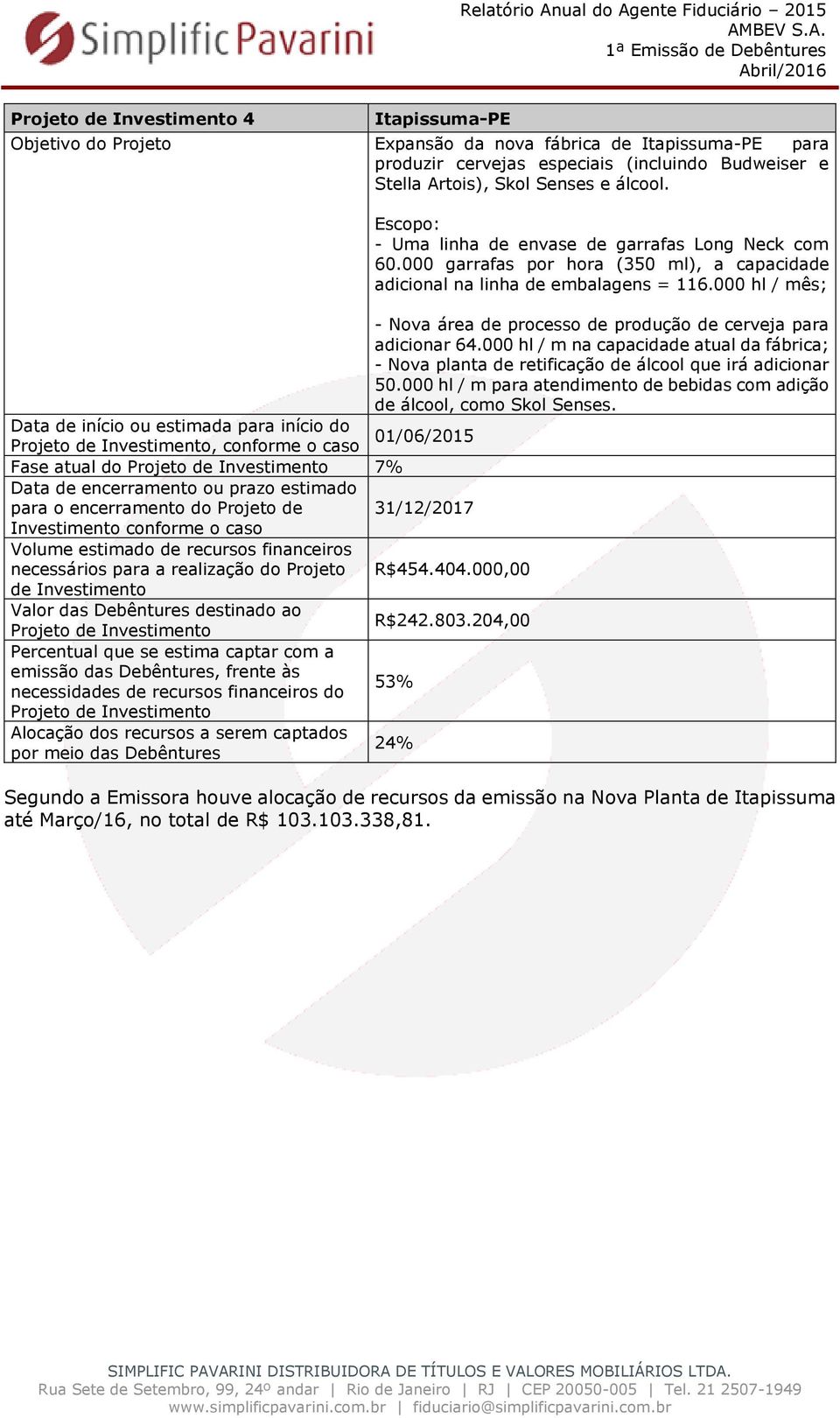 000 hl / mês; - Nova área de processo de produção de cerveja para adicionar 64.000 hl / m na capacidade atual da fábrica; - Nova planta de retificação de álcool que irá adicionar 50.