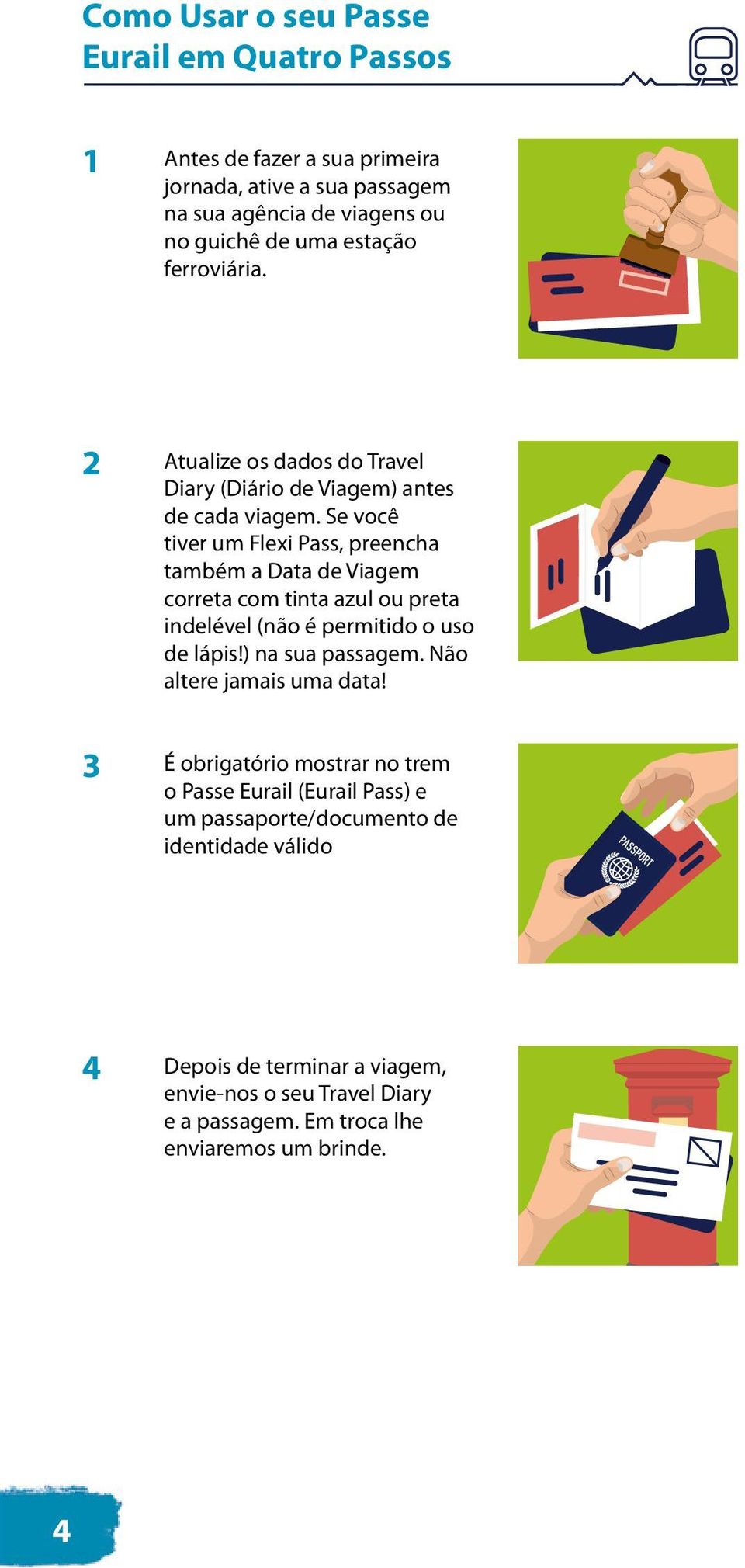 Se você tiver um Flexi Pass, preencha também a Data de Viagem correta com tinta azul ou preta indelével (não é permitido o uso de lápis!) na sua passagem.