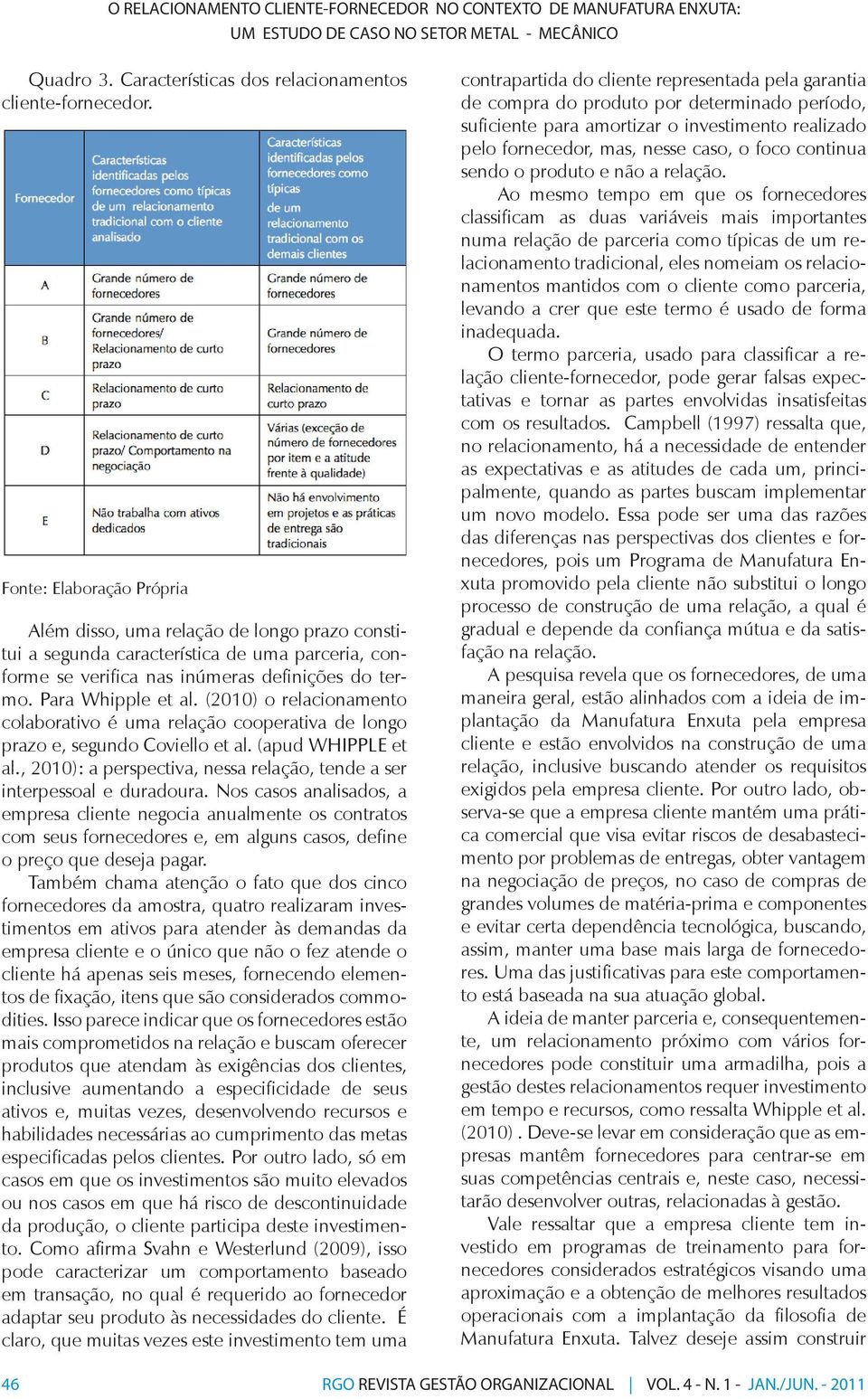 (2010) o relacionamento colaborativo é uma relação cooperativa de longo prazo e, segundo Coviello et al. (apud WHIPPLE et al.