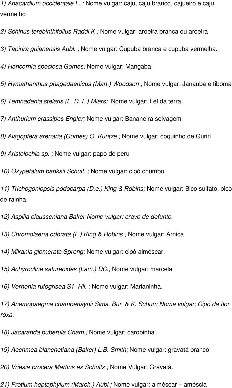 ) Woodson ; Nome vulgar: Janauba e tiboma 6) Temnadenia stelaris (L. D. L.) Miers; Nome vulgar: Fel da terra.