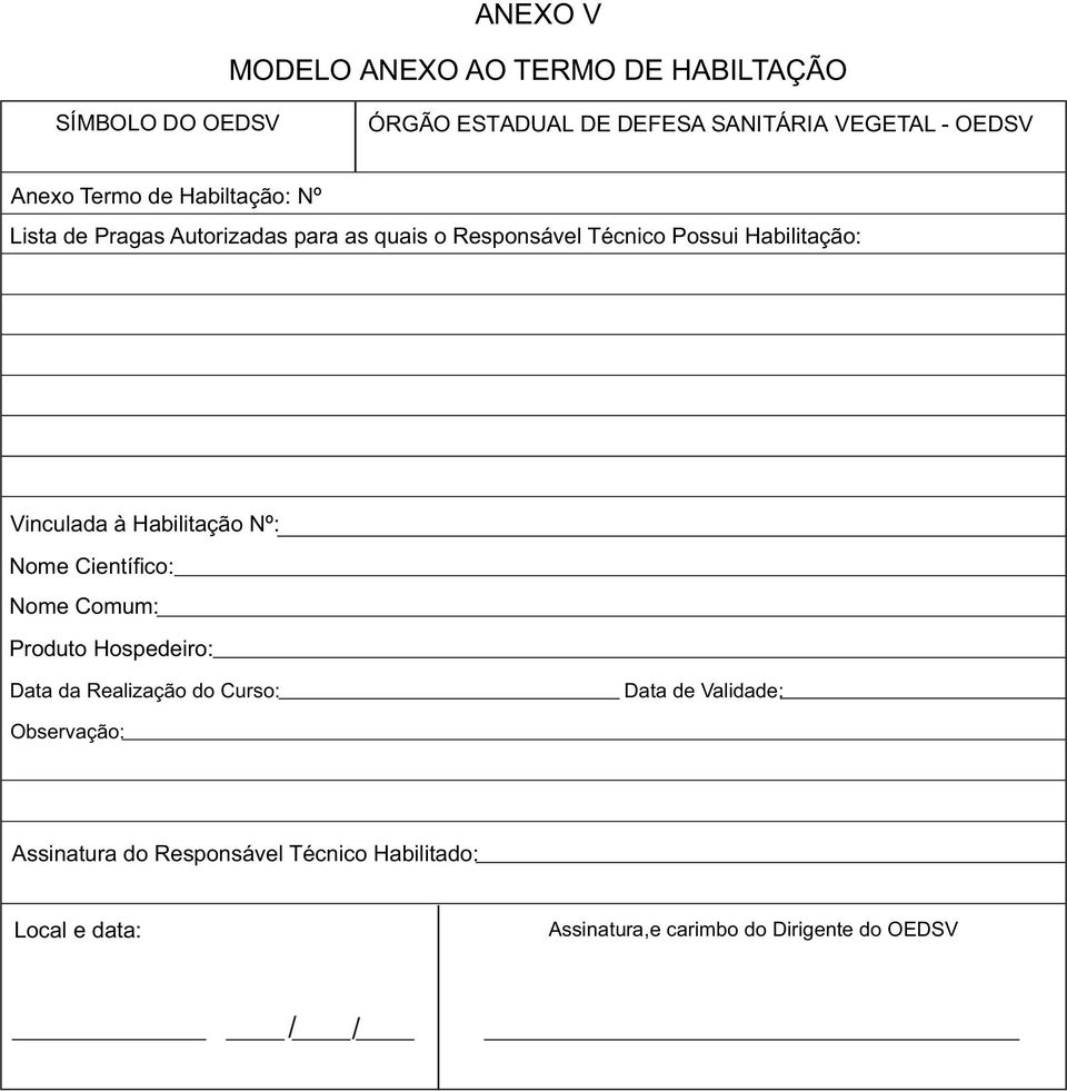 Vinculada à Habilitação Nº: Nome Cientí co: Nome Comum: Produto Hospedeiro: Data da Realização do Curso: