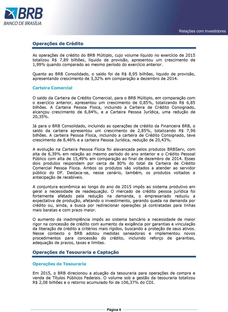 Carteira Comercial O saldo da Carteira de Crédito Comercial, para o BRB Múltiplo, em comparação com o exercício anterior, apresentou um crescimento de 0,85%, totalizando R$ 6,85 bilhões.