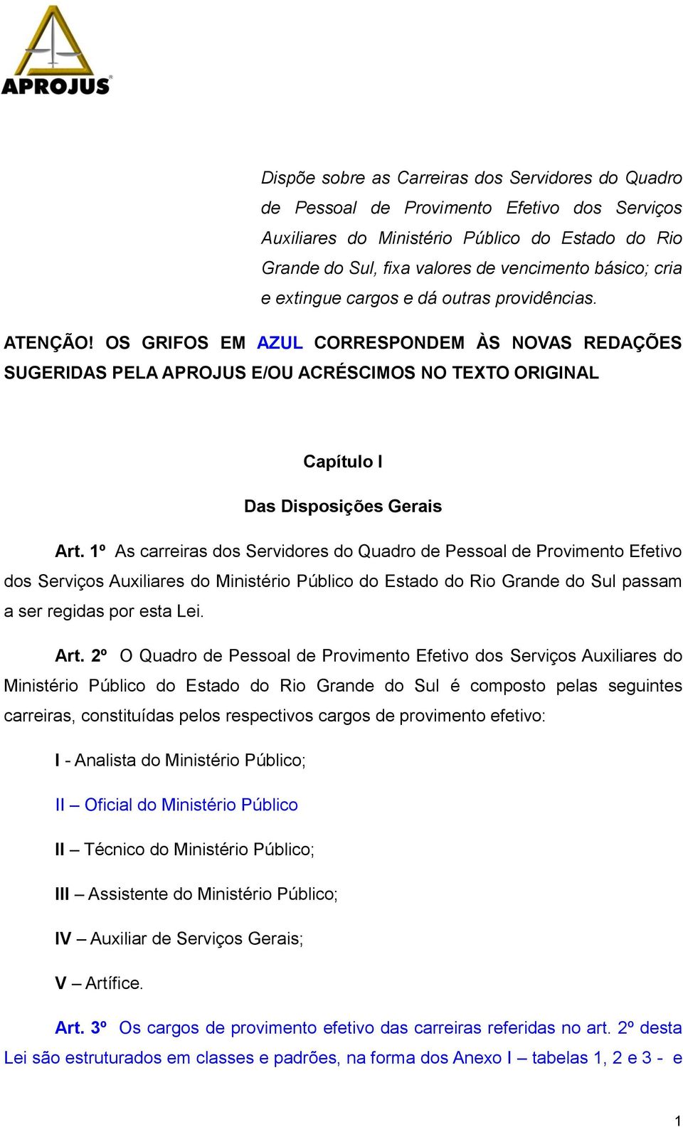 OS GRIFOS EM AZUL CORRESPONDEM ÀS NOVAS REDAÇÕES SUGERIDAS PELA APROJUS E/OU ACRÉSCIMOS NO TEXTO ORIGINAL Capítulo I Das Disposições Gerais Art.