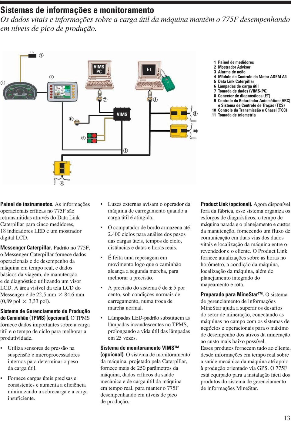 de diagnósticos (ET) 9 Controle do Retardador Automático (ARC) e Sistema de Controle de Tração (TCS) 10 Controle da Transmissão e Chassi (TCC) 11 Tomada de telemetria 10 6 5 4 Painel de instrumentos.