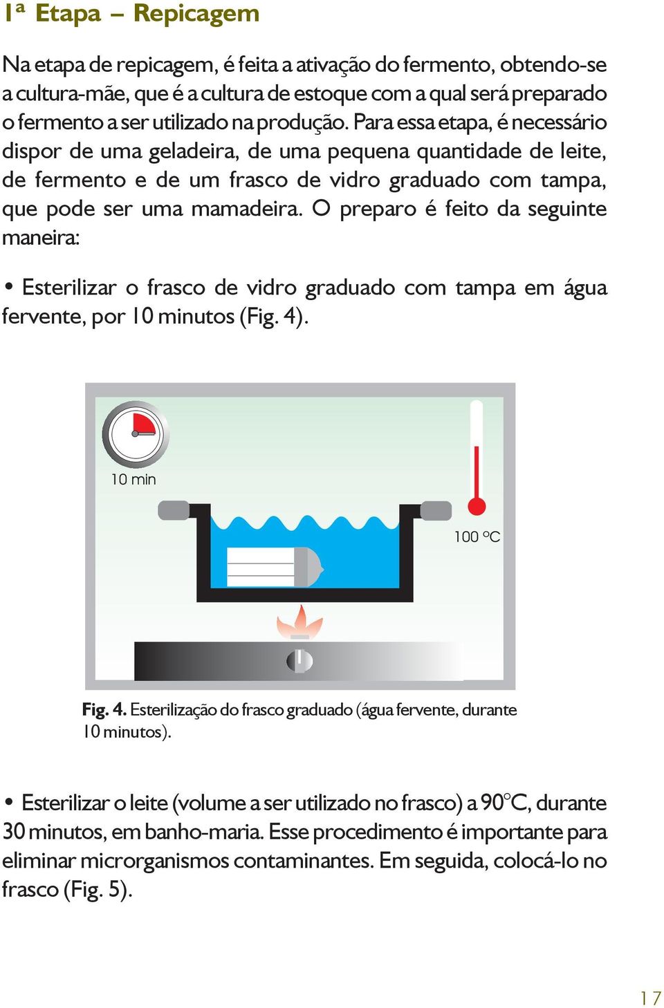 O preparo é feito da seguinte maneira: Esterilizar o frasco de vidro graduado com tampa em água fervente, por 10 minutos (Fig. 4). Fig. 4. Esterilização do frasco graduado (água fervente, durante 10 minutos).