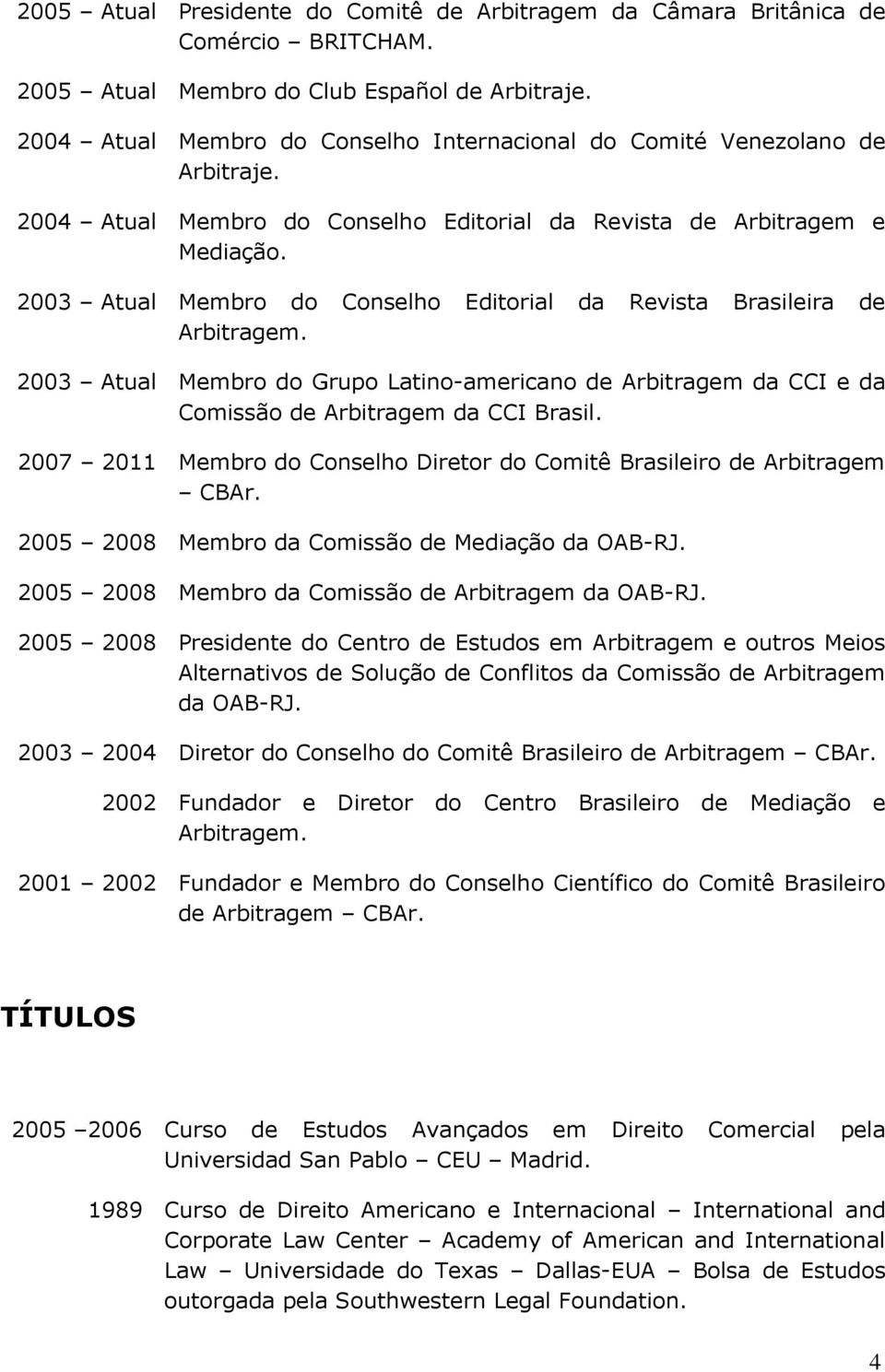 2003 Atual Membro do Conselho Editorial da Revista Brasileira de Arbitragem. 2003 Atual Membro do Grupo Latino-americano de Arbitragem da CCI e da Comissão de Arbitragem da CCI Brasil.