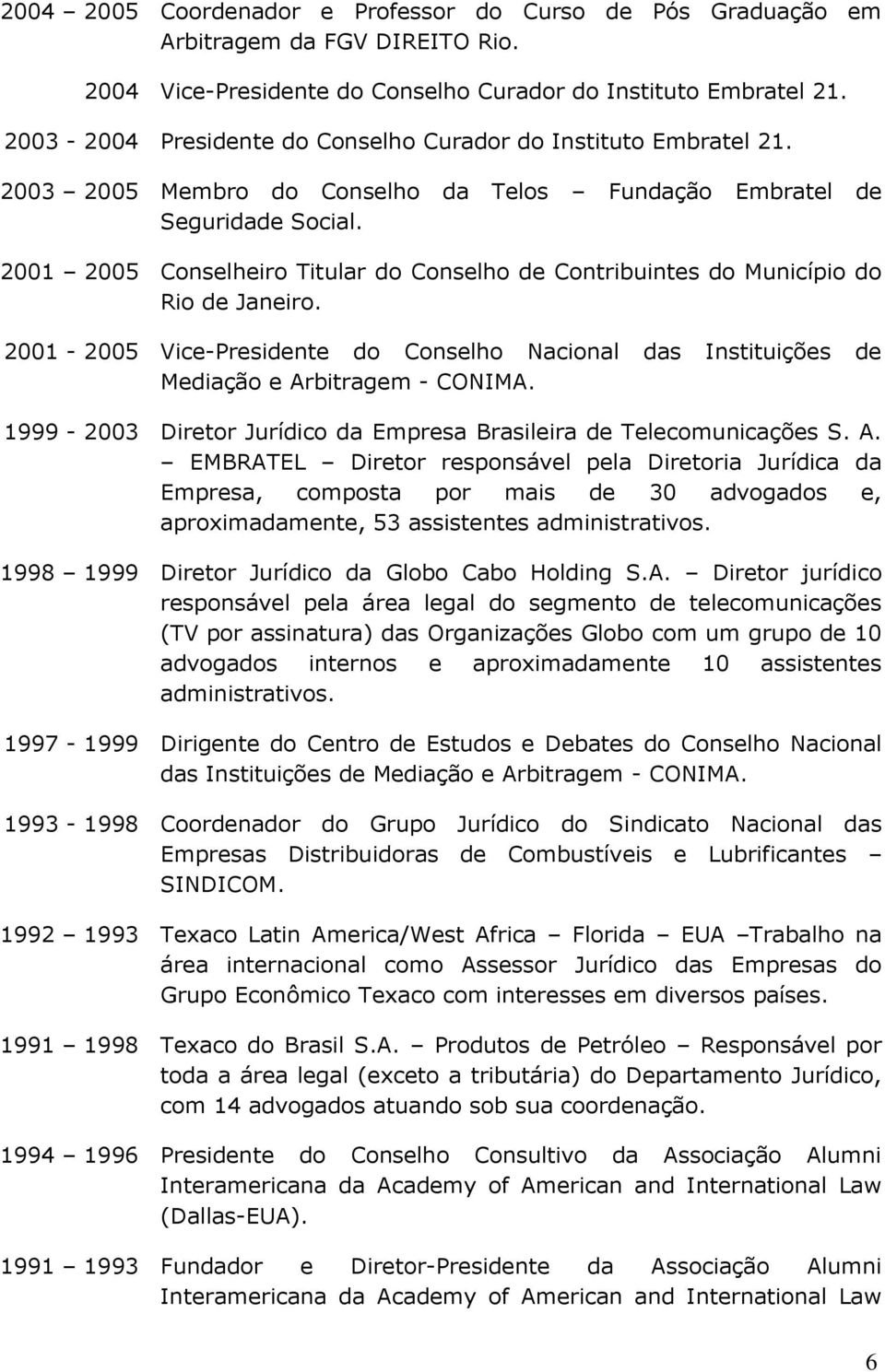 2001 2005 Conselheiro Titular do Conselho de Contribuintes do Município do Rio de Janeiro. 2001-2005 Vice-Presidente do Conselho Nacional das Instituições de Mediação e Arbitragem - CONIMA.