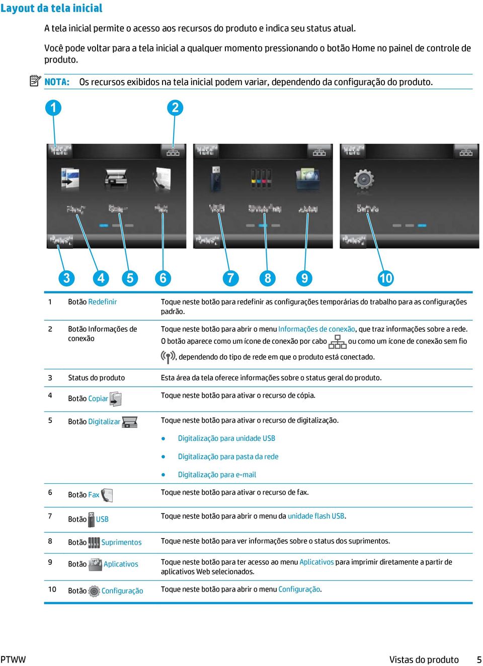 NOTA: Os recursos exibidos na tela inicial podem variar, dependendo da configuração do produto.