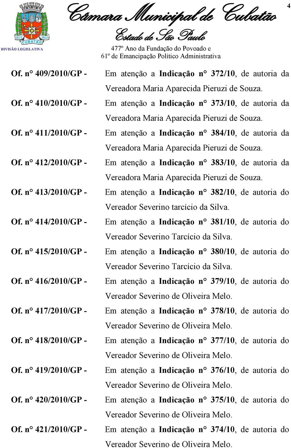 Em atenção a Indicação n 373/10, de autoria da Vereadora Maria Aparecida Pieruzi de Souza. Em atenção a Indicação n 384/10, de autoria da Vereadora Maria Aparecida Pieruzi de Souza.