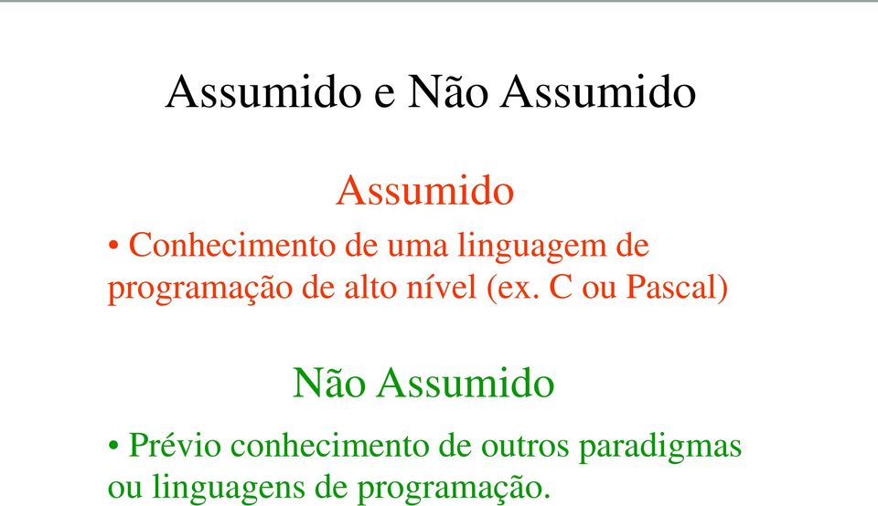 C ou Pascal) Não Assumido Prévio conhecimento de