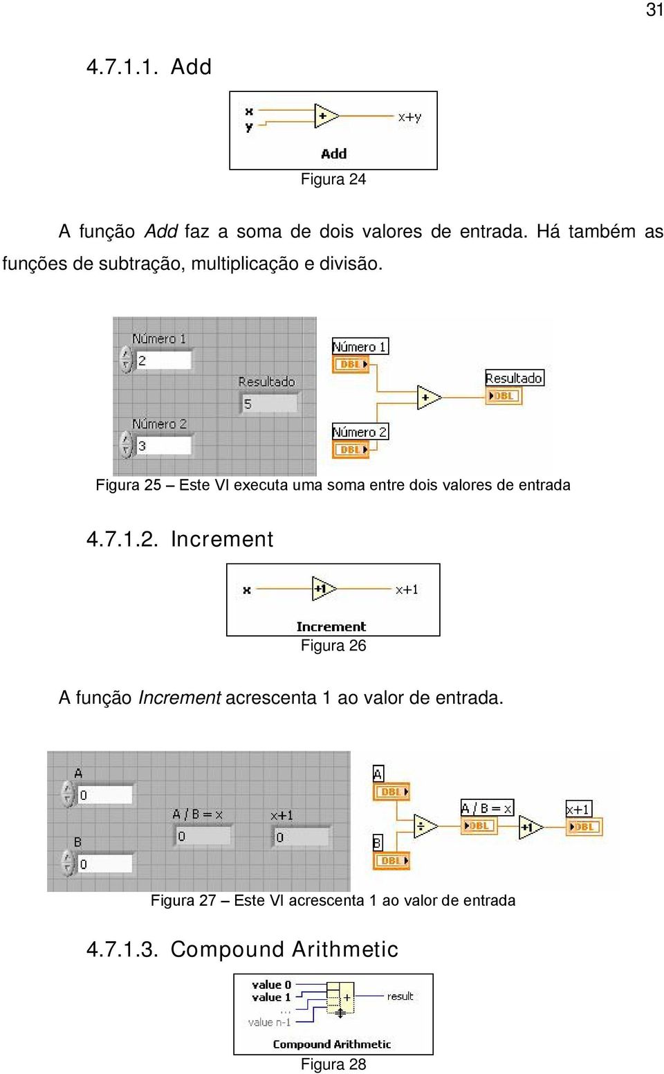 Figura 25 Este VI executa uma soma entre dois valores de entrada 4.7.1.2. Increment Figura 26 A função Increment acrescenta 1 ao valor de entrada.