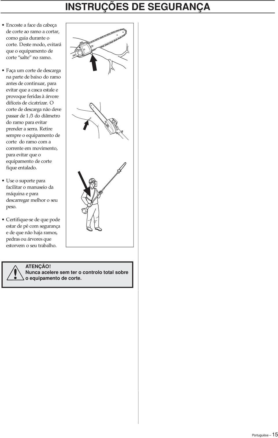 O corte de descarga não deve passar de 1/3 do diâmetro do ramo para evitar prender a serra.