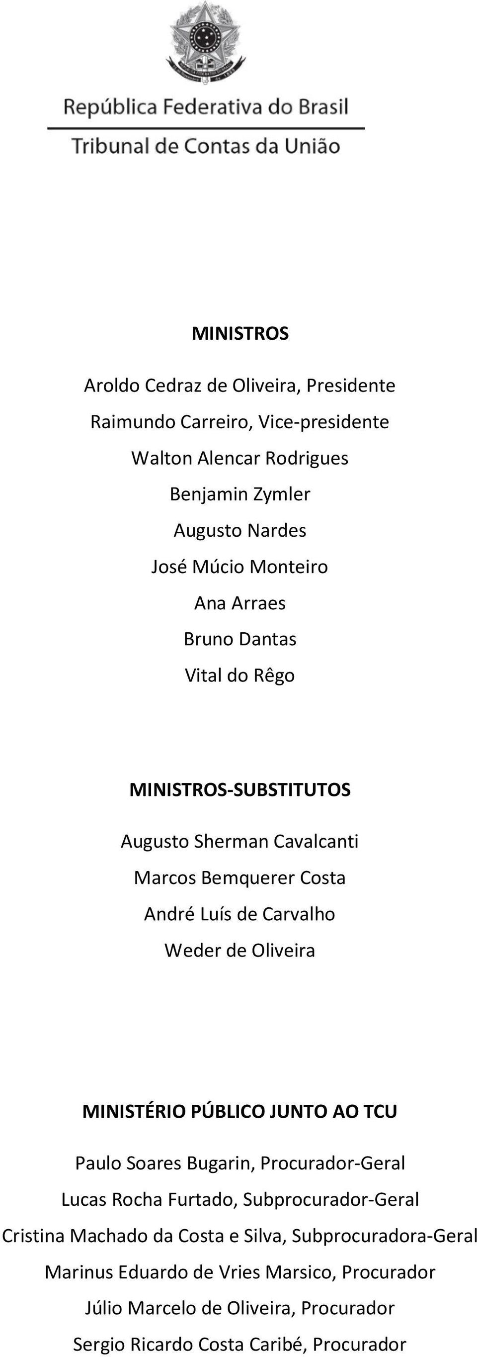 de Oliveira MINISTÉRIO PÚBLICO JUNTO AO TCU Paulo Soares Bugarin, Procurador-Geral Lucas Rocha Furtado, Subprocurador-Geral Cristina Machado da Costa