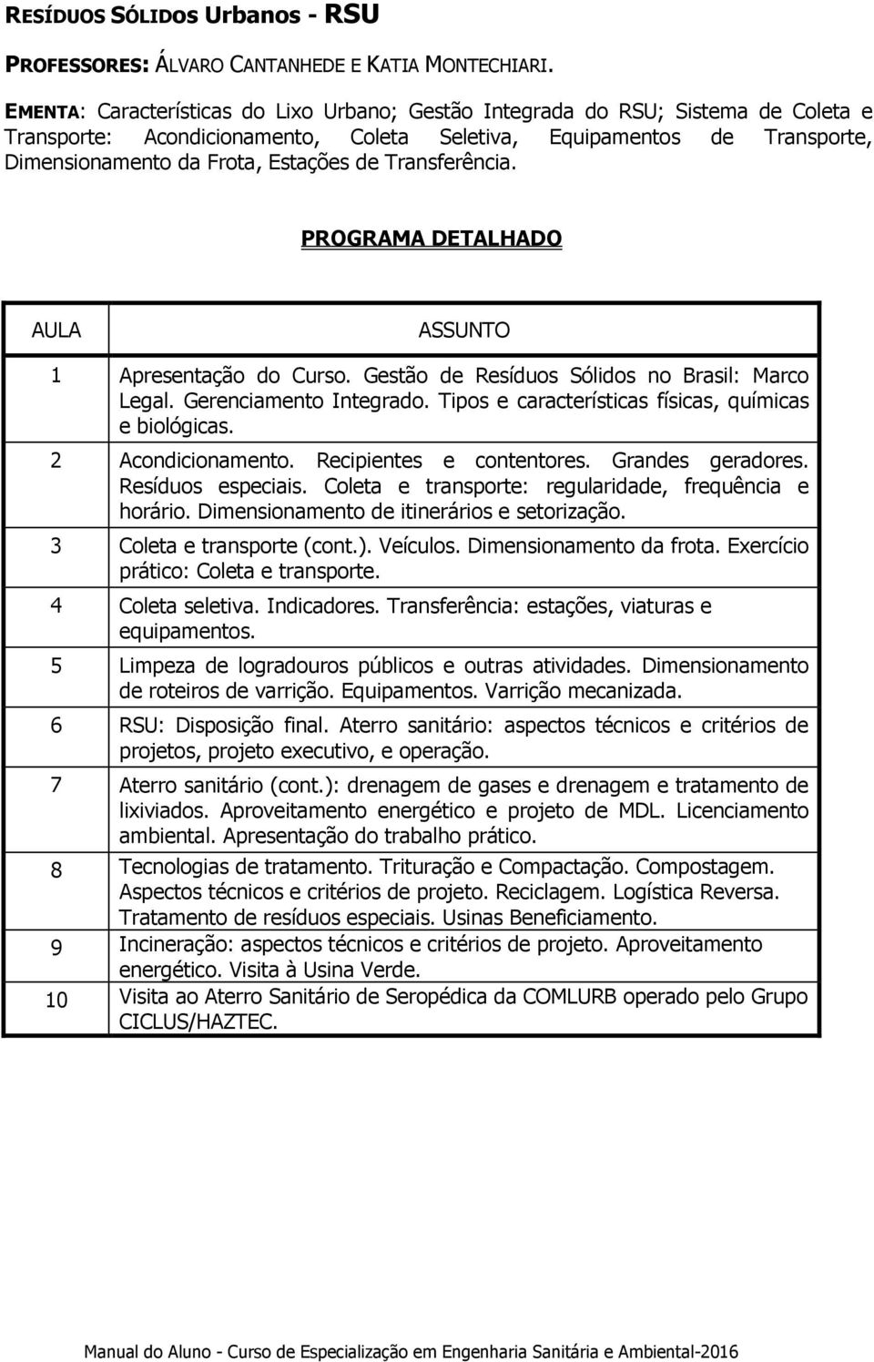 Transferência. 1 Apresentação do Curso. Gestão de Resíduos Sólidos no Brasil: Marco Legal. Gerenciamento Integrado. Tipos e características físicas, químicas e biológicas. 2 Acondicionamento.