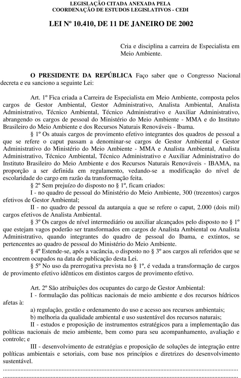 1º Fica criada a Carreira de Especialista em Meio Ambiente, composta pelos cargos de Gestor Ambiental, Gestor Administrativo, Analista Ambiental, Analista Administrativo, Técnico Ambiental, Técnico