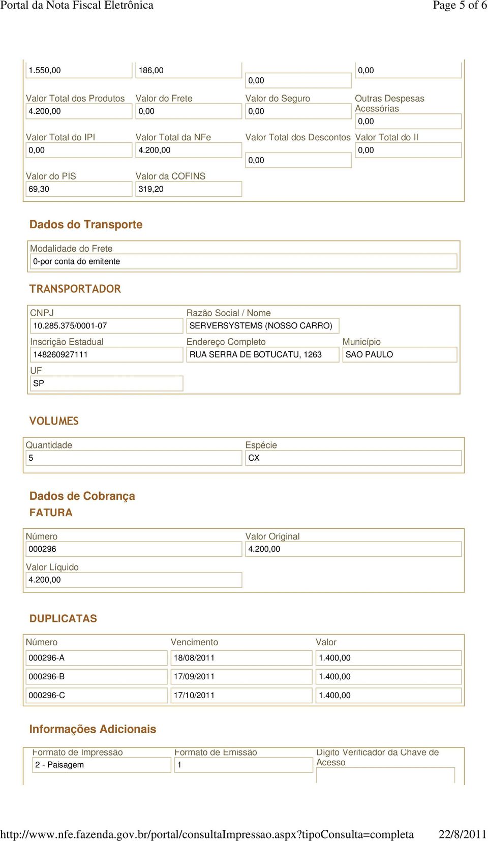 2 Valor do PIS Valor da COFINS 69,3 319,2 Dados do Transporte Modalidade do Frete -por conta do emitente TRANORTADOR 1.285.