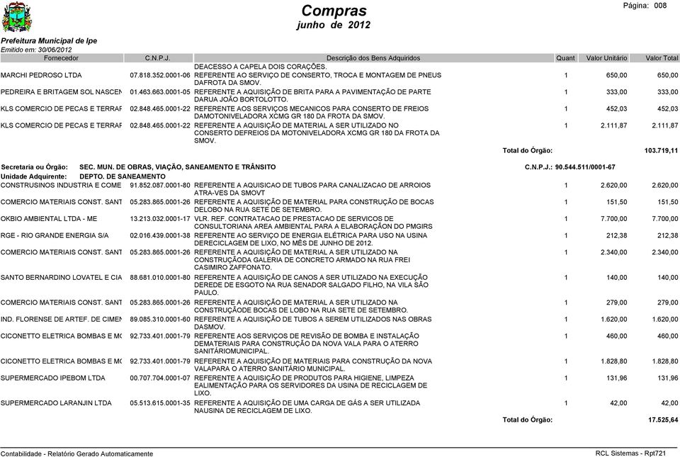 848.465.0001-22 LTDA - RETRO REFERENTE AOS SERVIÇOS MECANICOS PARA CONSERTO DE FREIOS 1 452,03 452,03 DAMOTONIVELADORA XCMG GR 180 DA FROTA DA SMOV. KLS COMERCIO DE PECAS E TERRAPLANAGEM 02.848.465.0001-22 LTDA - RETRO REFERENTE A AQUISIÇÃO DE MATERIAL A SER UTILIZADO NO 1 2.