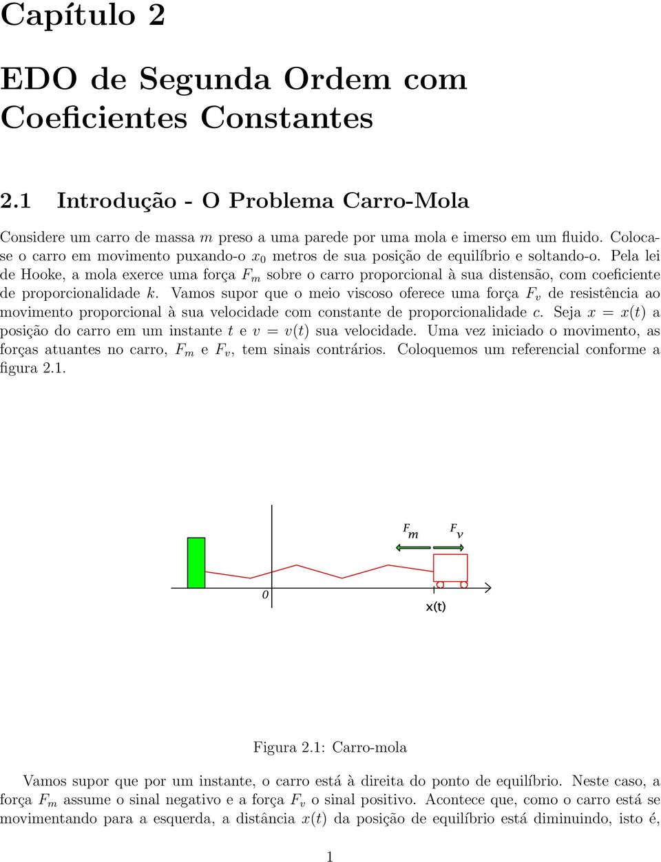 Pela lei de Hooke, a mola exerce uma força F m sobre o carro proporcional à sua distensão, com coeficiente de proporcionalidade k.