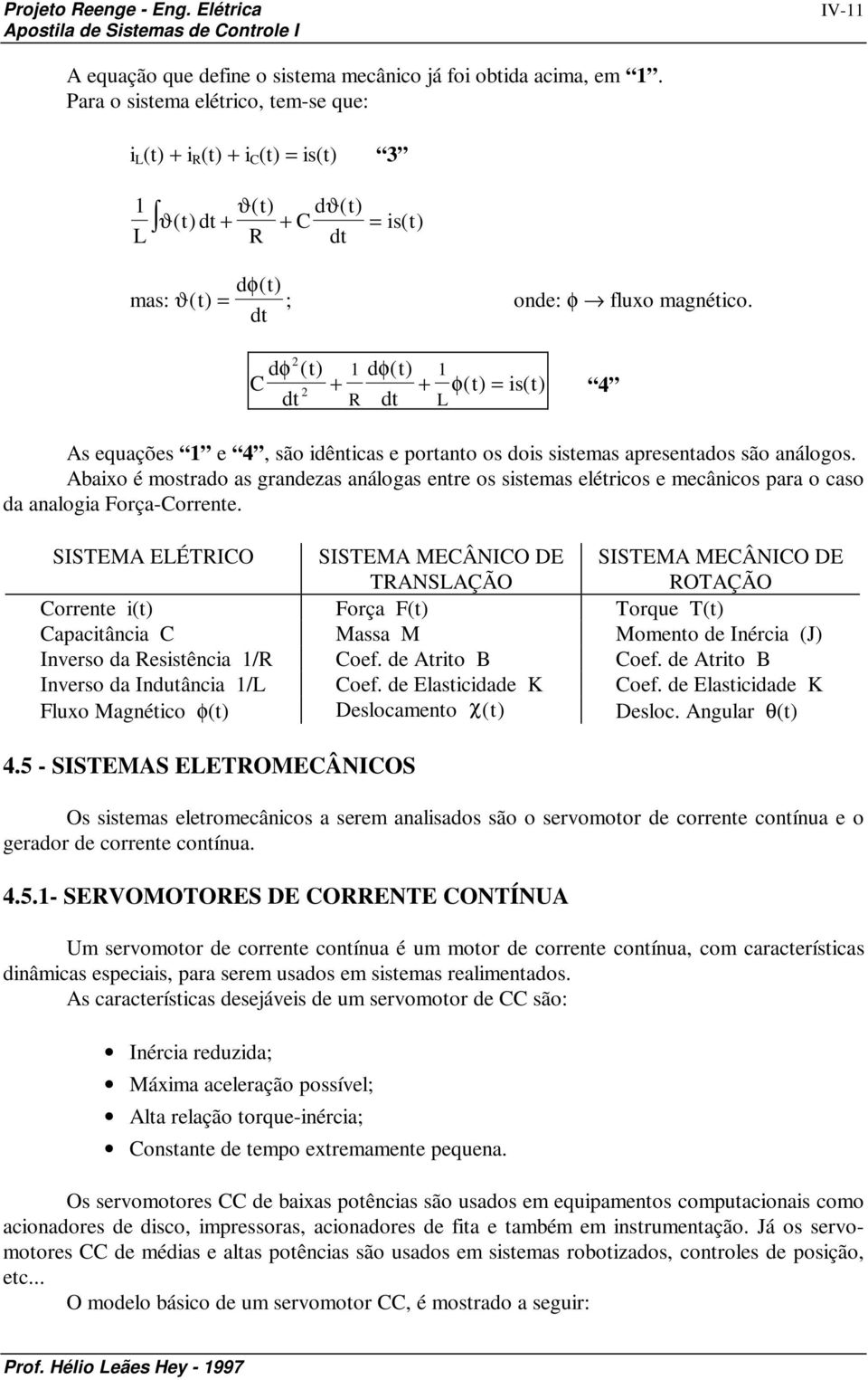 d C d φ () dφ() + + φ() is() 4 d R d L As equções e 4, são idênics e porno os dois sisems presendos são nálogos.