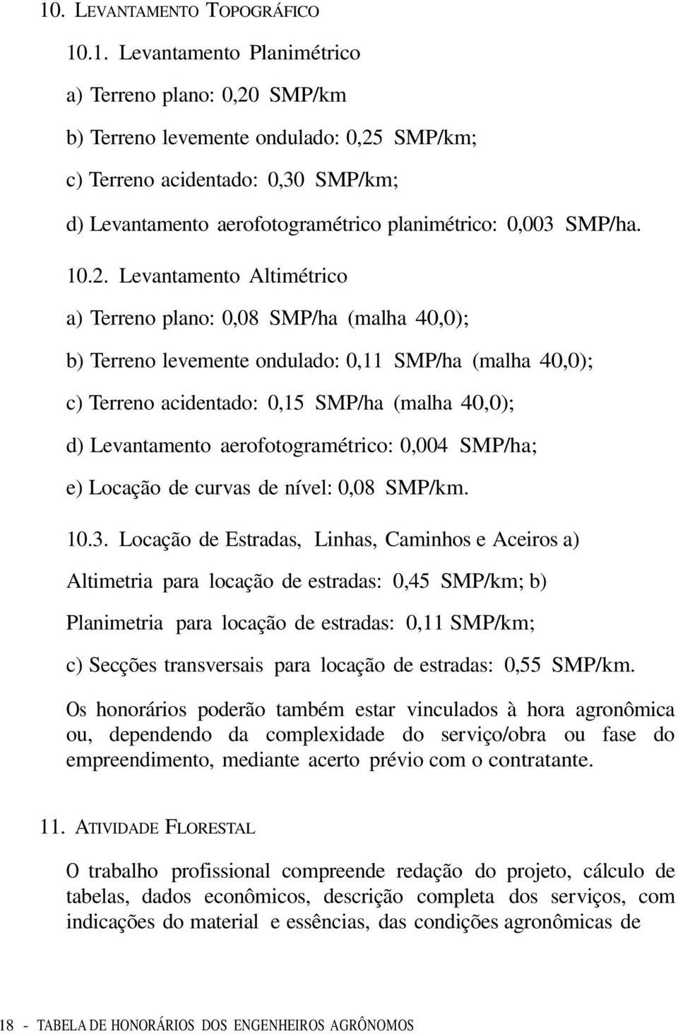 Levantamento Altimétrico a) Terreno plano: 0,08 SMP/ha (malha 40,0); b) Terreno levemente ondulado: 0,11 SMP/ha (malha 40,0); c) Terreno acidentado: 0,15 SMP/ha (malha 40,0); d) Levantamento