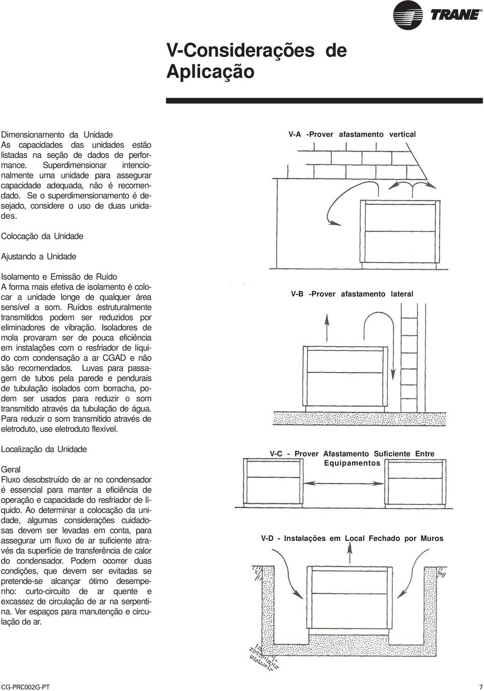 V-A -Prover afastamento vertical Colocação da Unidade Ajustando a Unidade Isolamento e Emissão de Ruído A forma mais efetiva de isolamento é colocar a unidade longe de qualquer área sensível a som.