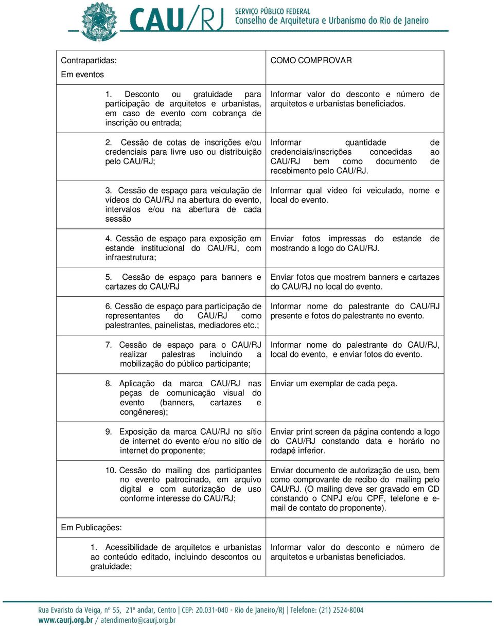 Cessão de espaço para veiculação de vídeos do CAU/RJ na abertura do evento, intervalos e/ou na abertura de cada sessão 4.