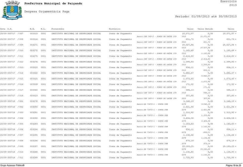 Itens de Pagamento 19.027,94 0,00 19.027,94 + 19.027,94 20/09 000717 / 010 003272 0001 INSTITUTO NACIONAL DE SEGURIDADE SOCIAL Itens de Pagamento 1.165,69 0,00 1.165,69 + 1.