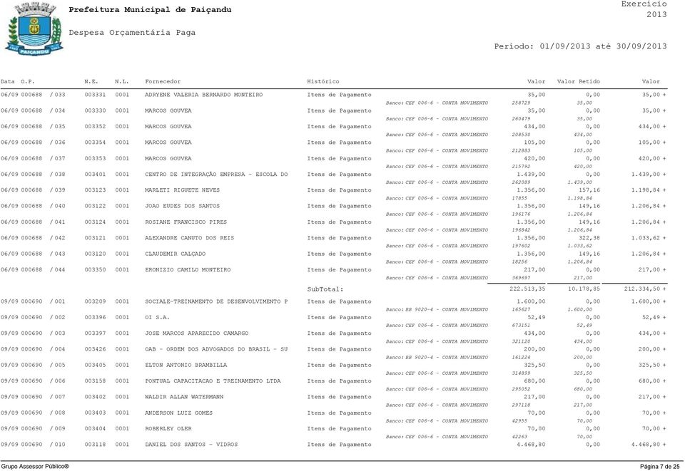 208530 434,00 06/09 000688 / 036 003354 0001 MARCOS GOUVEA Itens de Pagamento 105,00 0,00 105,00 + Banco: CEF 006-6 - CONTA MOVIMENTO 212883 105,00 06/09 000688 / 037 003353 0001 MARCOS GOUVEA Itens