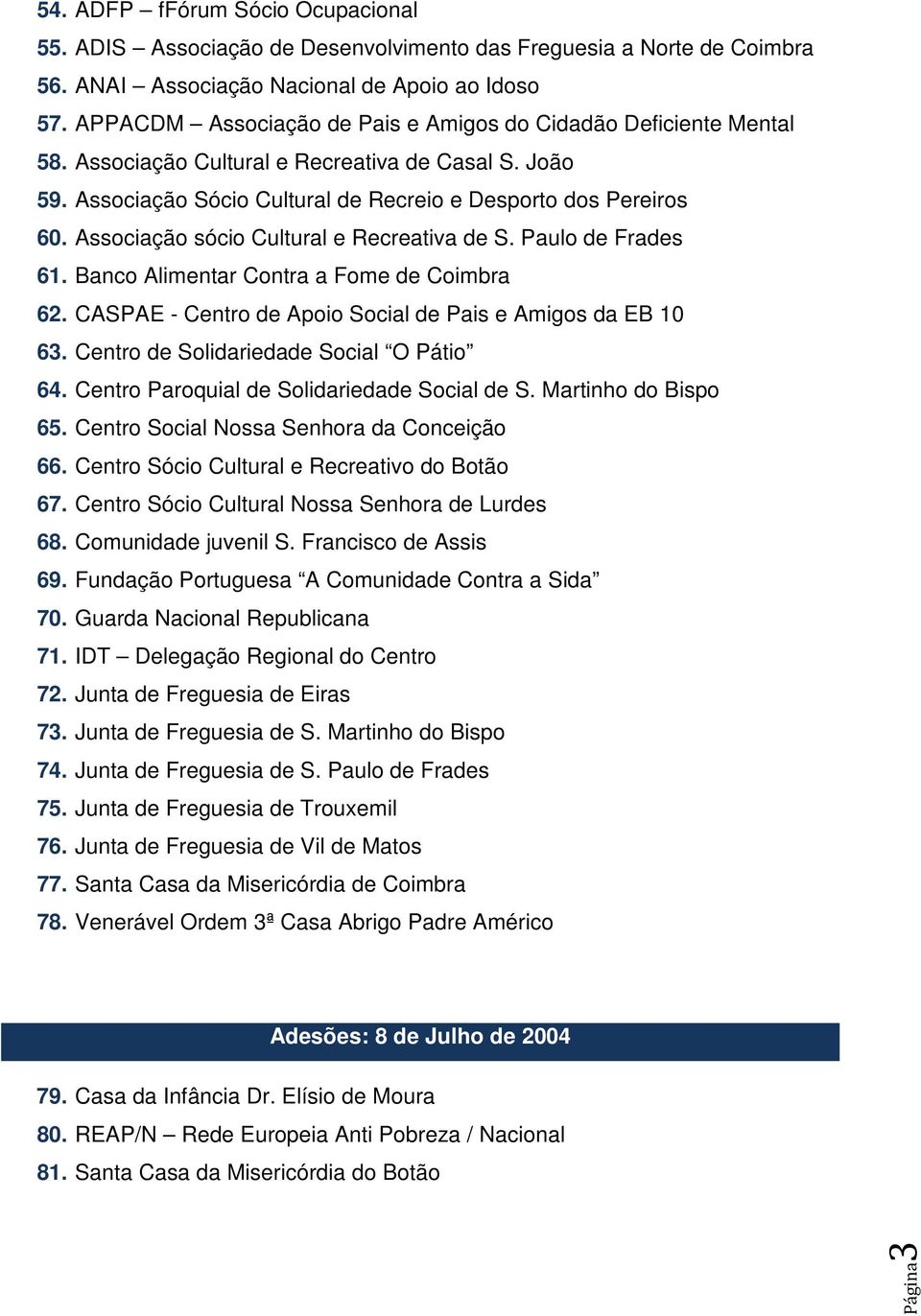 Associação sócio Cultural e Recreativa de S. Paulo de Frades 61. Banco Alimentar Contra a Fome de Coimbra 62. CASPAE - Centro de Apoio Social de Pais e Amigos da EB 10 63.